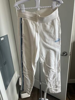 Puma White Sweatpants with Light Blue Logo and Navy Side Tape